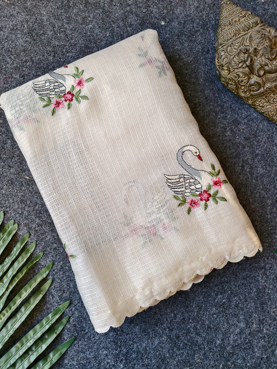Snappy Off White Embroidery Work Kota Doriya Silk Saree With Elegant Blouse Piece