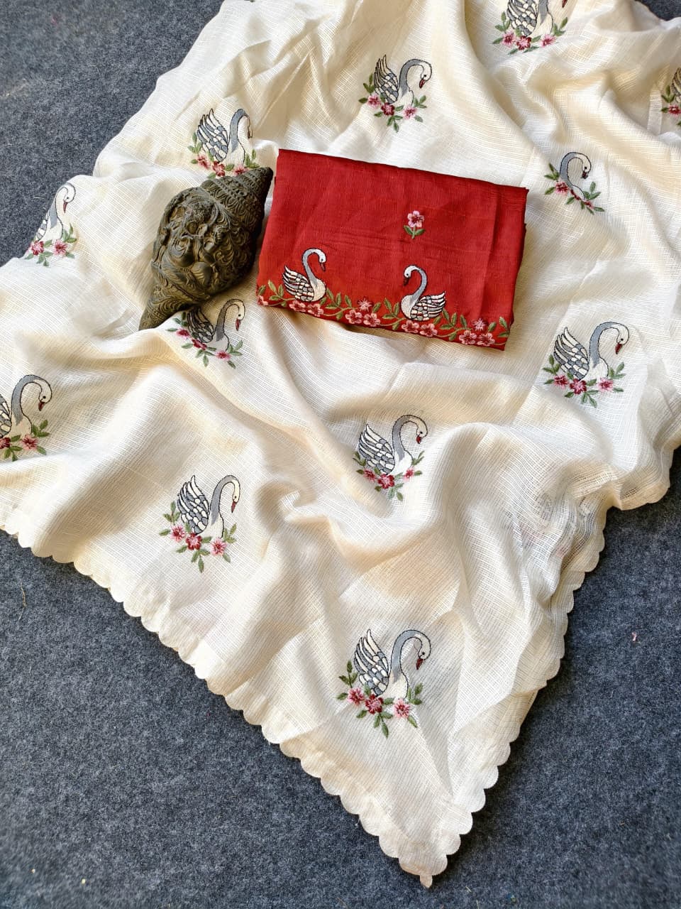Snappy Off White Embroidery Work Kota Doriya Silk Saree With Elegant Blouse Piece