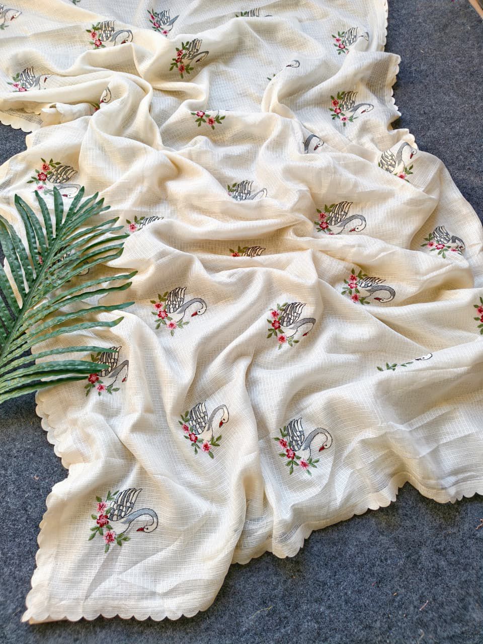 Snappy Off White Embroidery Work Kota Doriya Silk Saree With Elegant Blouse Piece