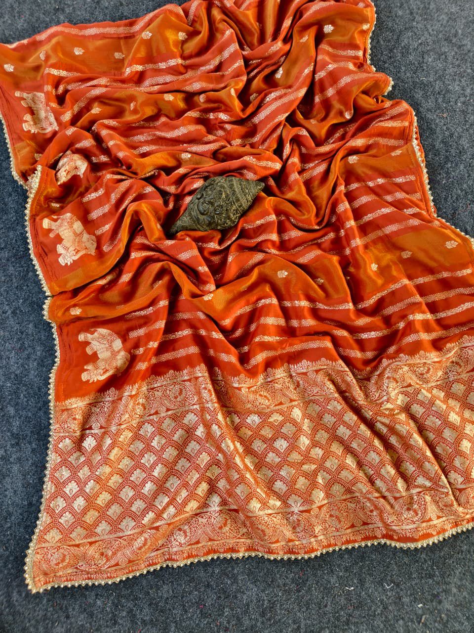 Sizzling Orange Banarasi Georgette Silk Saree With Jubilant Blouse Piece