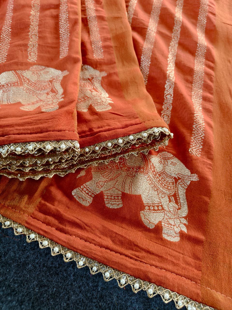Sizzling Orange Banarasi Georgette Silk Saree With Jubilant Blouse Piece