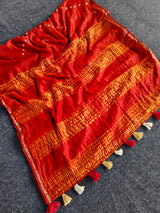 Symmetrical Red Cotton Silk Bandhani Printed Saree With Dalliance Blouse Piece