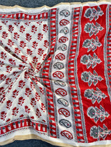 Engaging Off White Printed Cotton Silk Saree With Trendy Blouse Piece