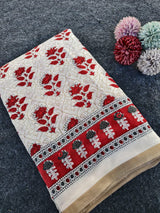 Engaging Off White Printed Cotton Silk Saree With Trendy Blouse Piece