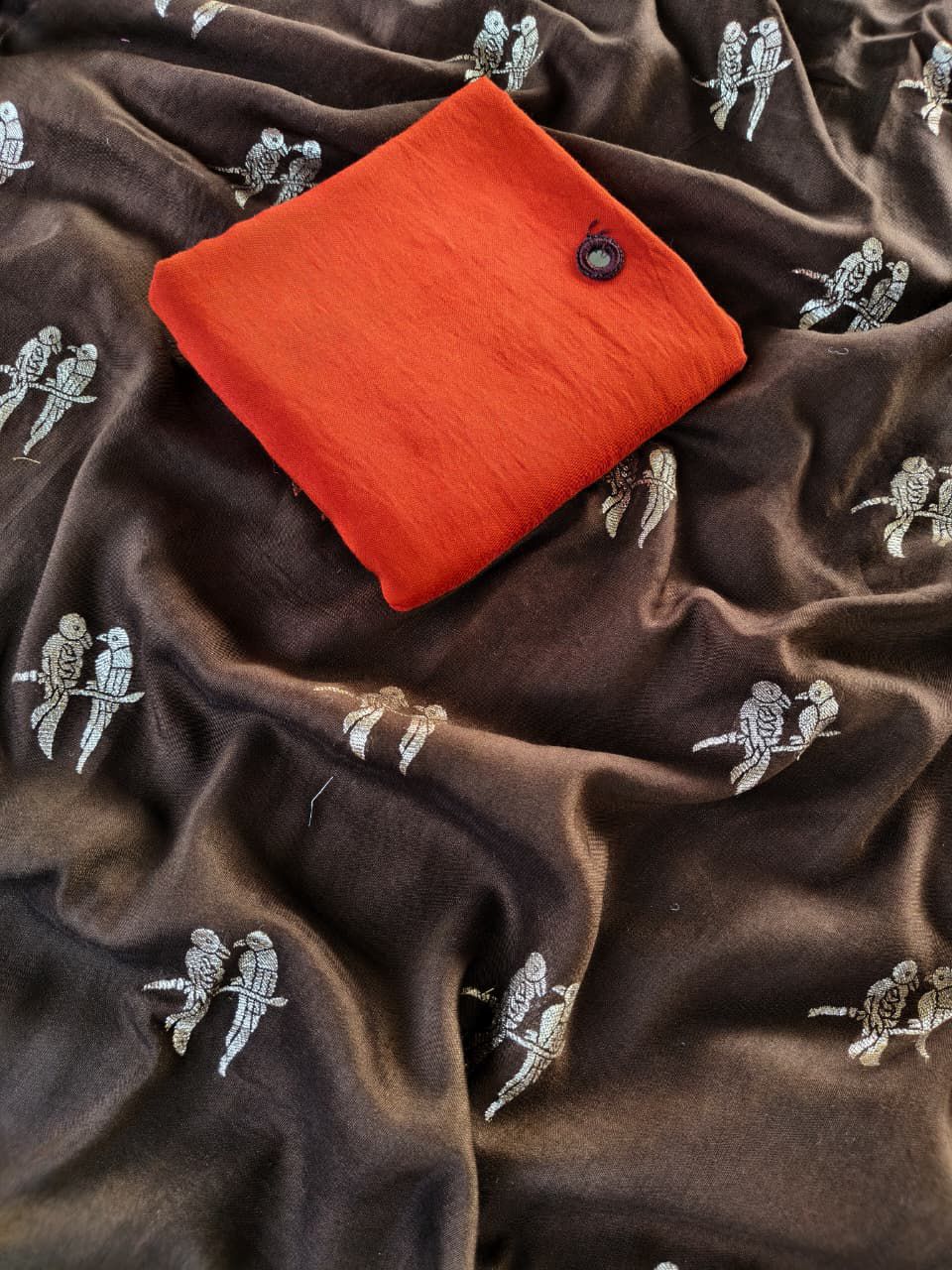 Enchanting Brown Banarasi Georgette Silk Saree With Petrichor Blouse Piece
