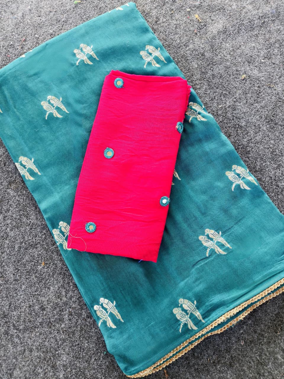 Gorgeous Firozi Banarasi Georgette Silk Saree With Dazzling Blouse Piece