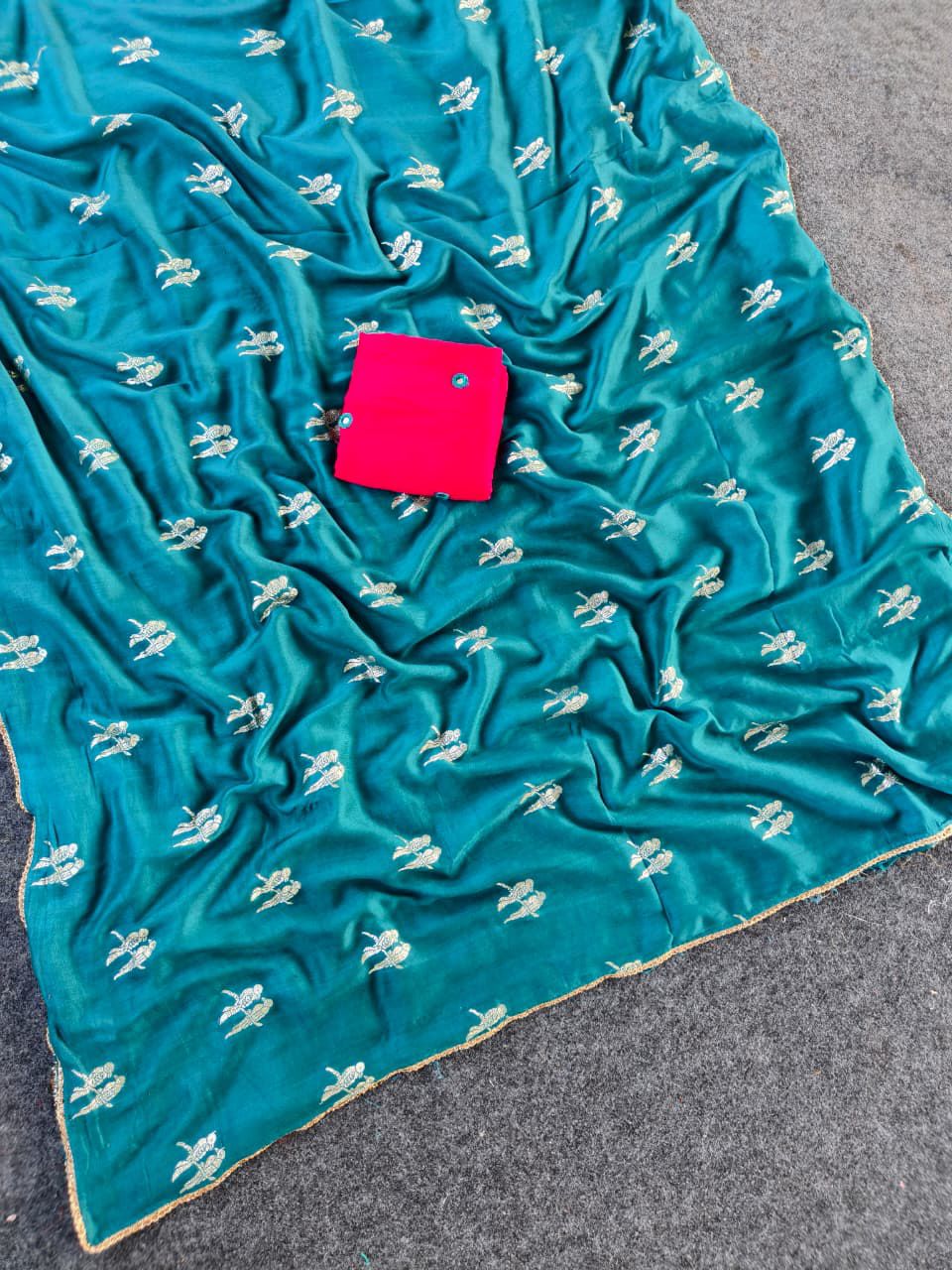 Gorgeous Firozi Banarasi Georgette Silk Saree With Dazzling Blouse Piece