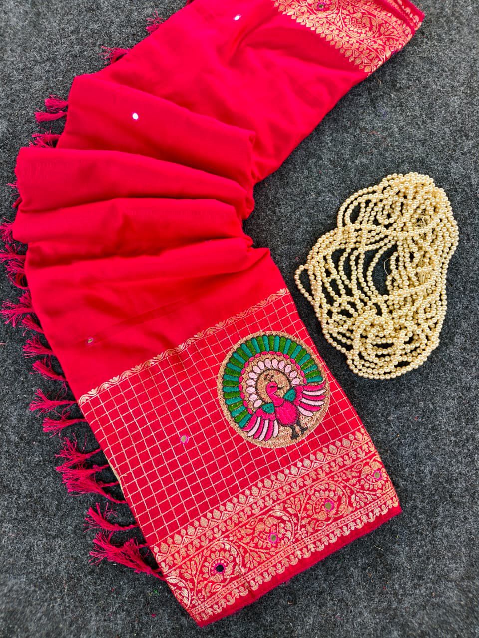 Profuse Dark Pink Embroidery Work Dola Silk Saree With Transcendent Blouse Piece