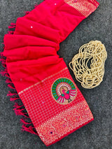 Profuse Dark Pink Embroidery Work Dola Silk Saree With Transcendent Blouse Piece