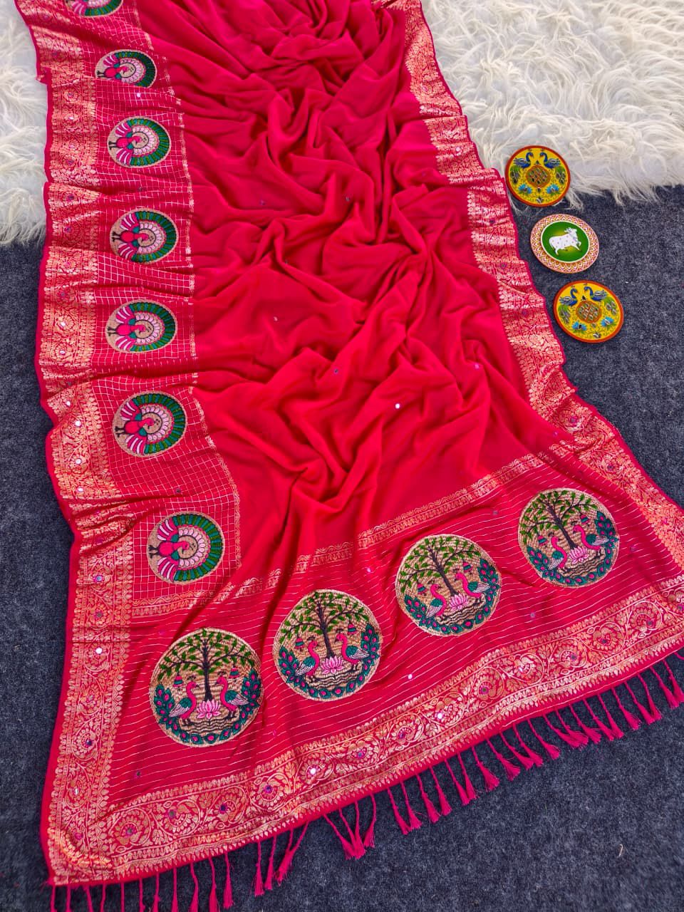 Profuse Dark Pink Embroidery Work Dola Silk Saree With Transcendent Blouse Piece