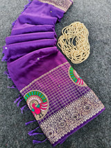 Intricate Purple Embroidery Work Dola Silk Saree With Fairytale Blouse Piece