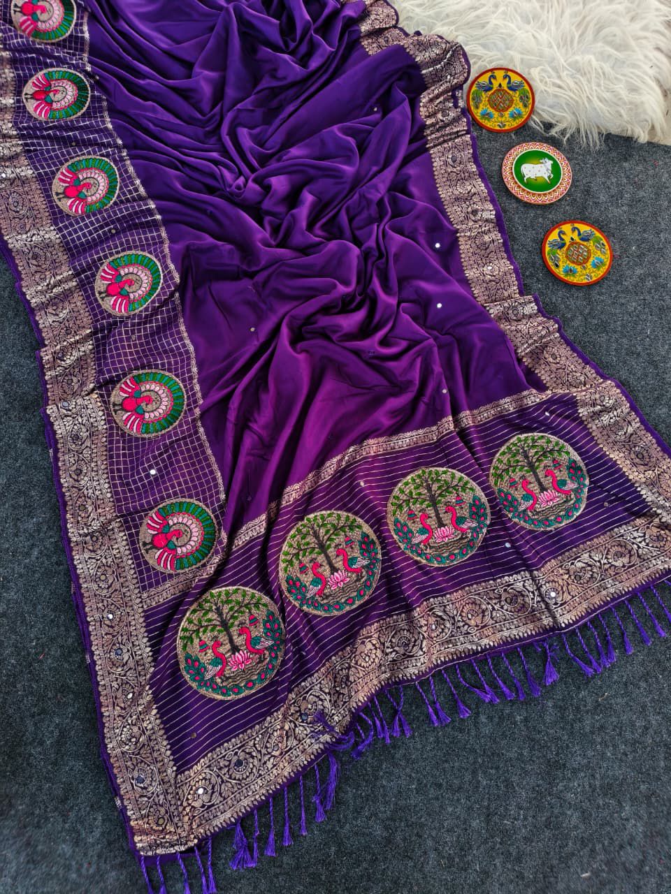 Intricate Purple Embroidery Work Dola Silk Saree With Fairytale Blouse Piece