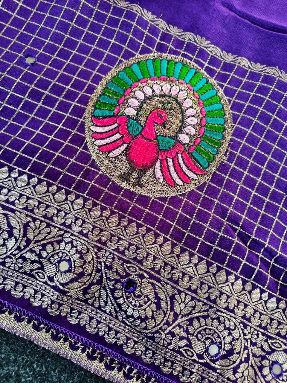 Intricate Purple Embroidery Work Dola Silk Saree With Fairytale Blouse Piece