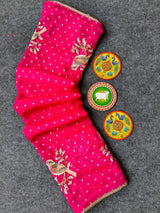 Vestigial Dark Pink Embroidery Work Chiffon Silk Saree With Devastating Blouse Piece