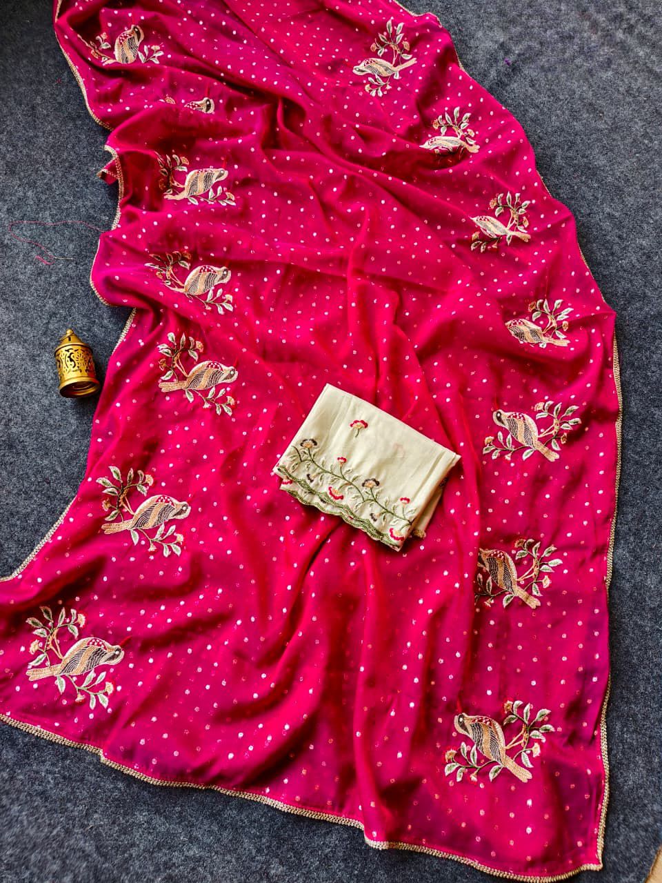 Vestigial Dark Pink Embroidery Work Chiffon Silk Saree With Devastating Blouse Piece