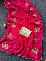 Vestigial Dark Pink Embroidery Work Chiffon Silk Saree With Devastating Blouse Piece