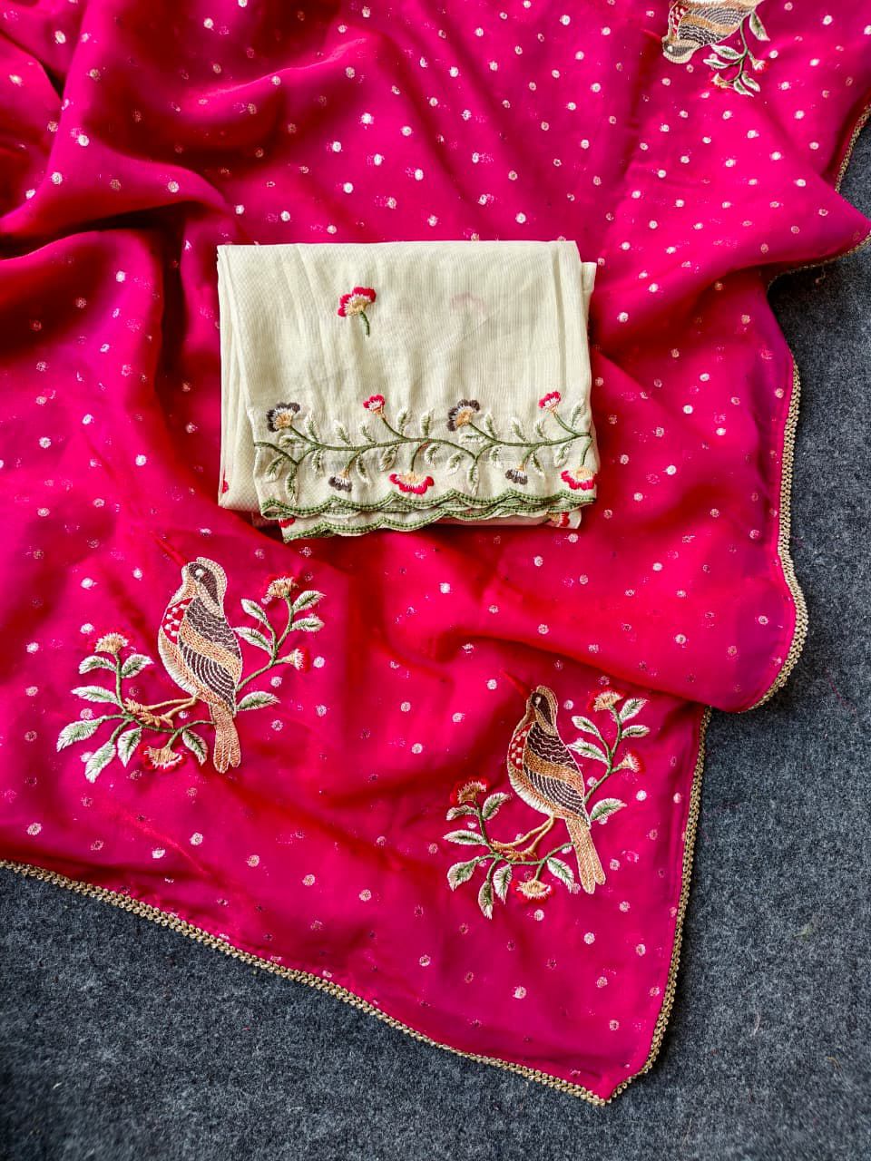 Vestigial Dark Pink Embroidery Work Chiffon Silk Saree With Devastating Blouse Piece