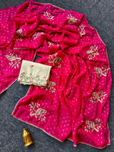 Vestigial Dark Pink Embroidery Work Chiffon Silk Saree With Devastating Blouse Piece