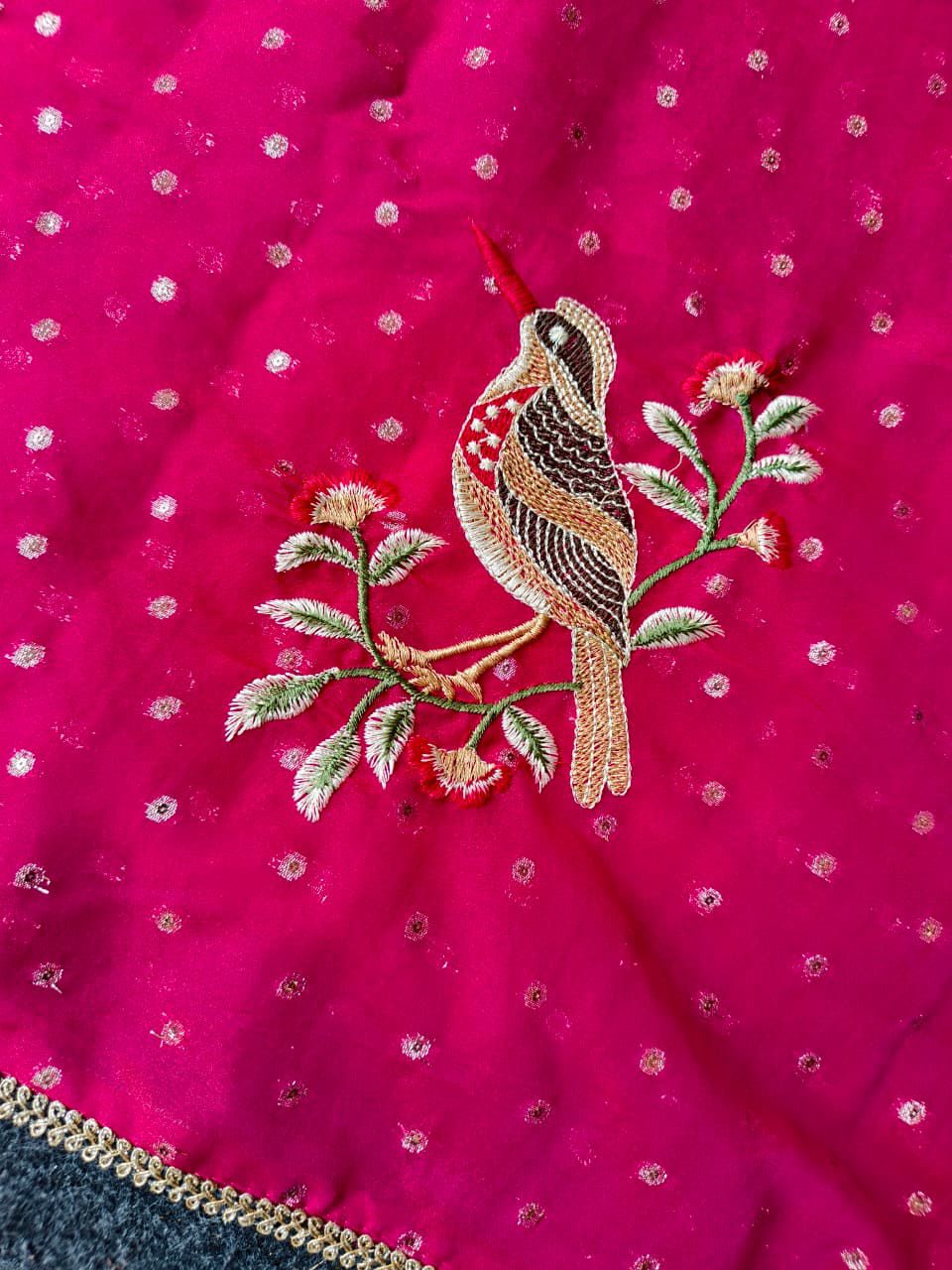 Vestigial Dark Pink Embroidery Work Chiffon Silk Saree With Devastating Blouse Piece
