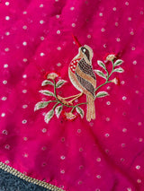Vestigial Dark Pink Embroidery Work Chiffon Silk Saree With Devastating Blouse Piece