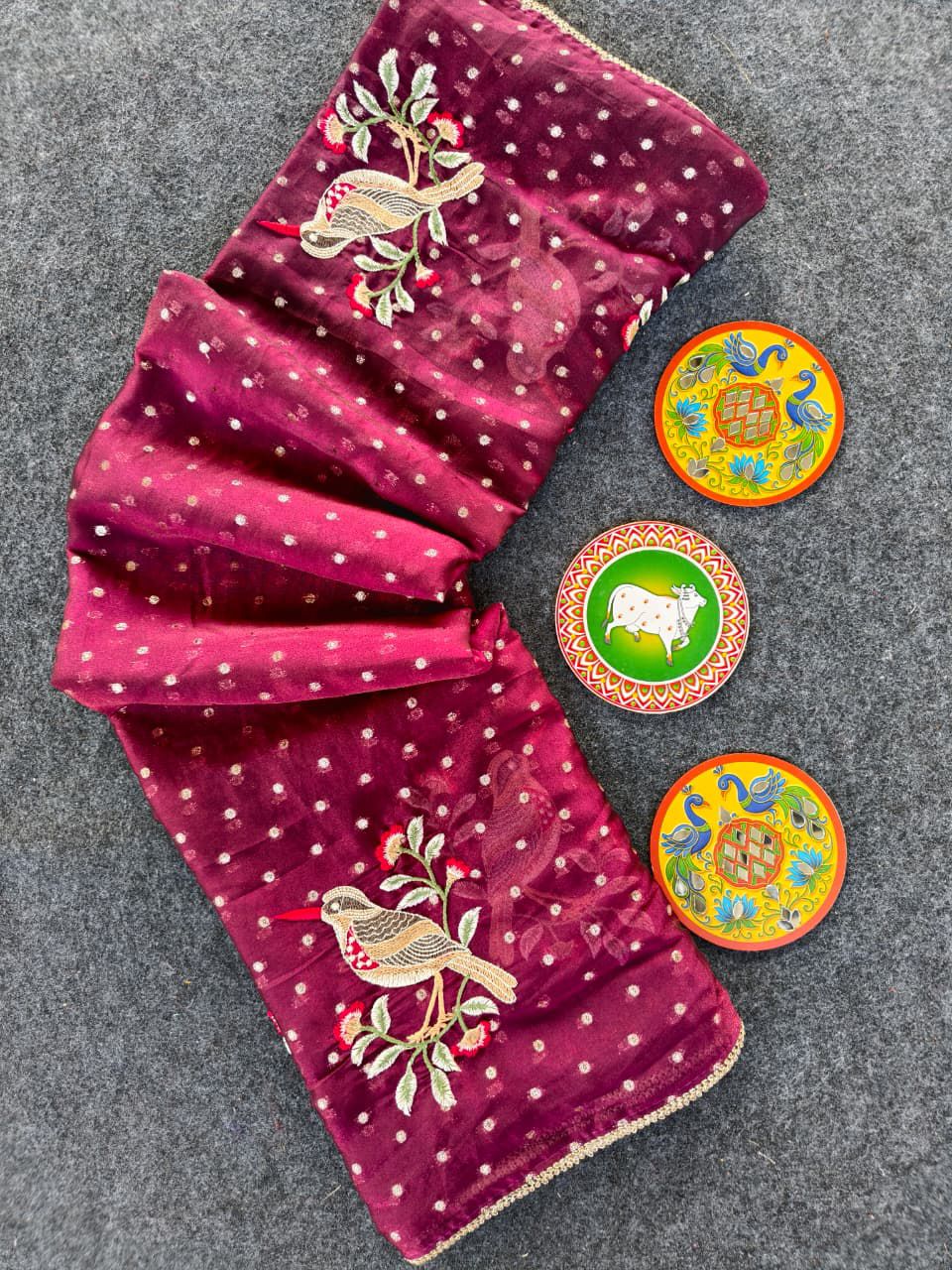 Ideal Wine Embroidery Work Chiffon Silk Saree With Imaginative Blouse Piece