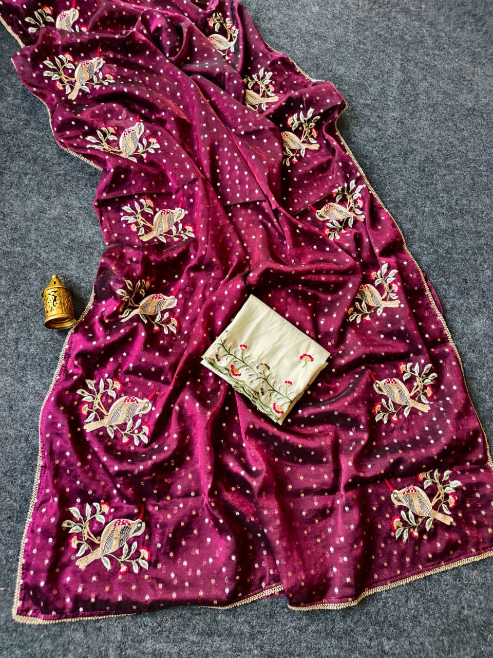 Ideal Wine Embroidery Work Chiffon Silk Saree With Imaginative Blouse Piece