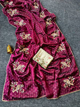 Ideal Wine Embroidery Work Chiffon Silk Saree With Imaginative Blouse Piece