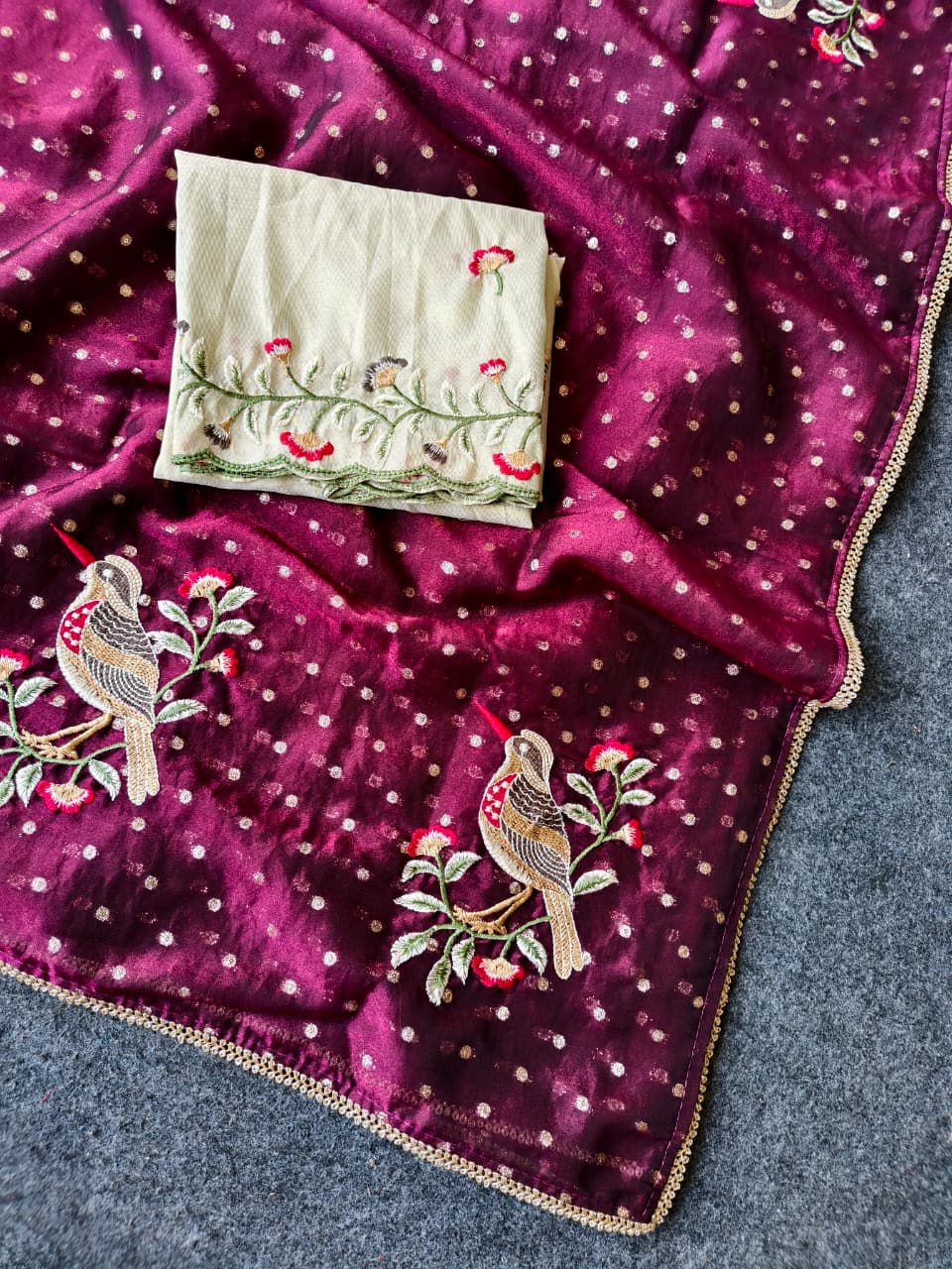 Ideal Wine Embroidery Work Chiffon Silk Saree With Imaginative Blouse Piece