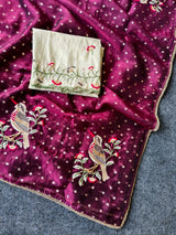 Ideal Wine Embroidery Work Chiffon Silk Saree With Imaginative Blouse Piece