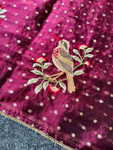 Ideal Wine Embroidery Work Chiffon Silk Saree With Imaginative Blouse Piece