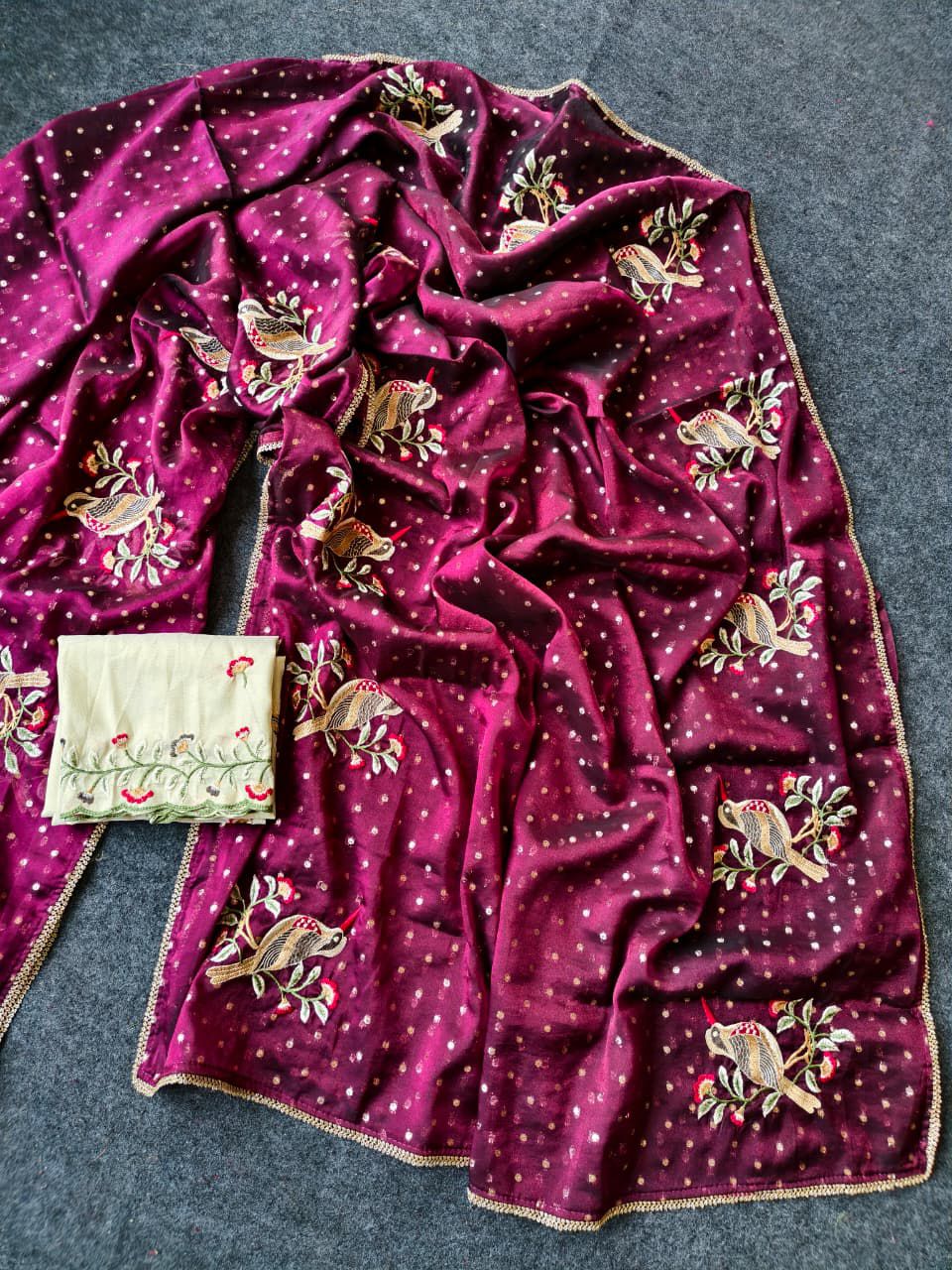 Ideal Wine Embroidery Work Chiffon Silk Saree With Imaginative Blouse Piece