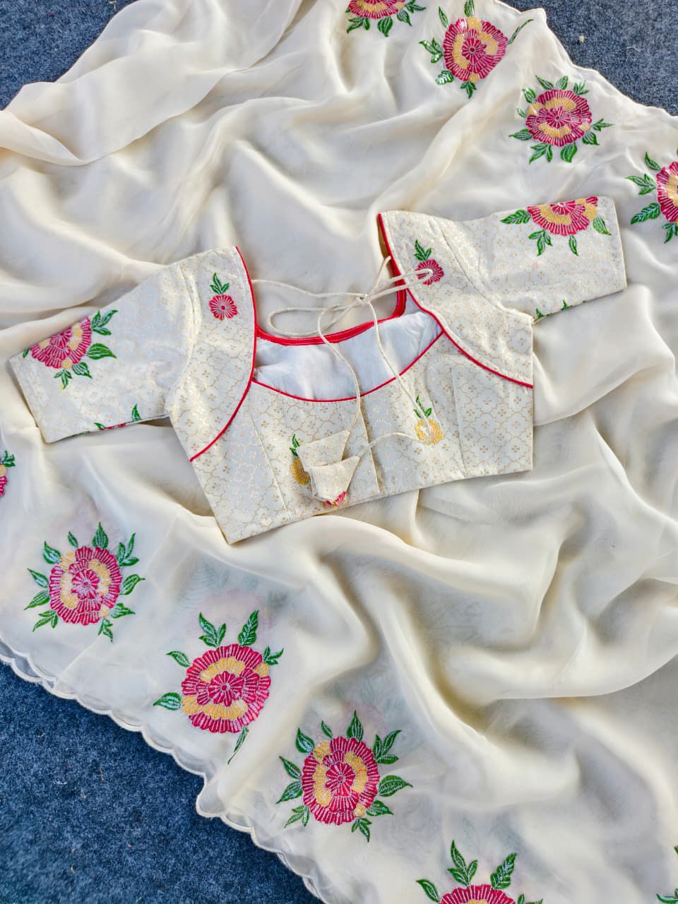 Appealing Off White Embroidery Work Organza Silk Saree With Elision Blouse Piece