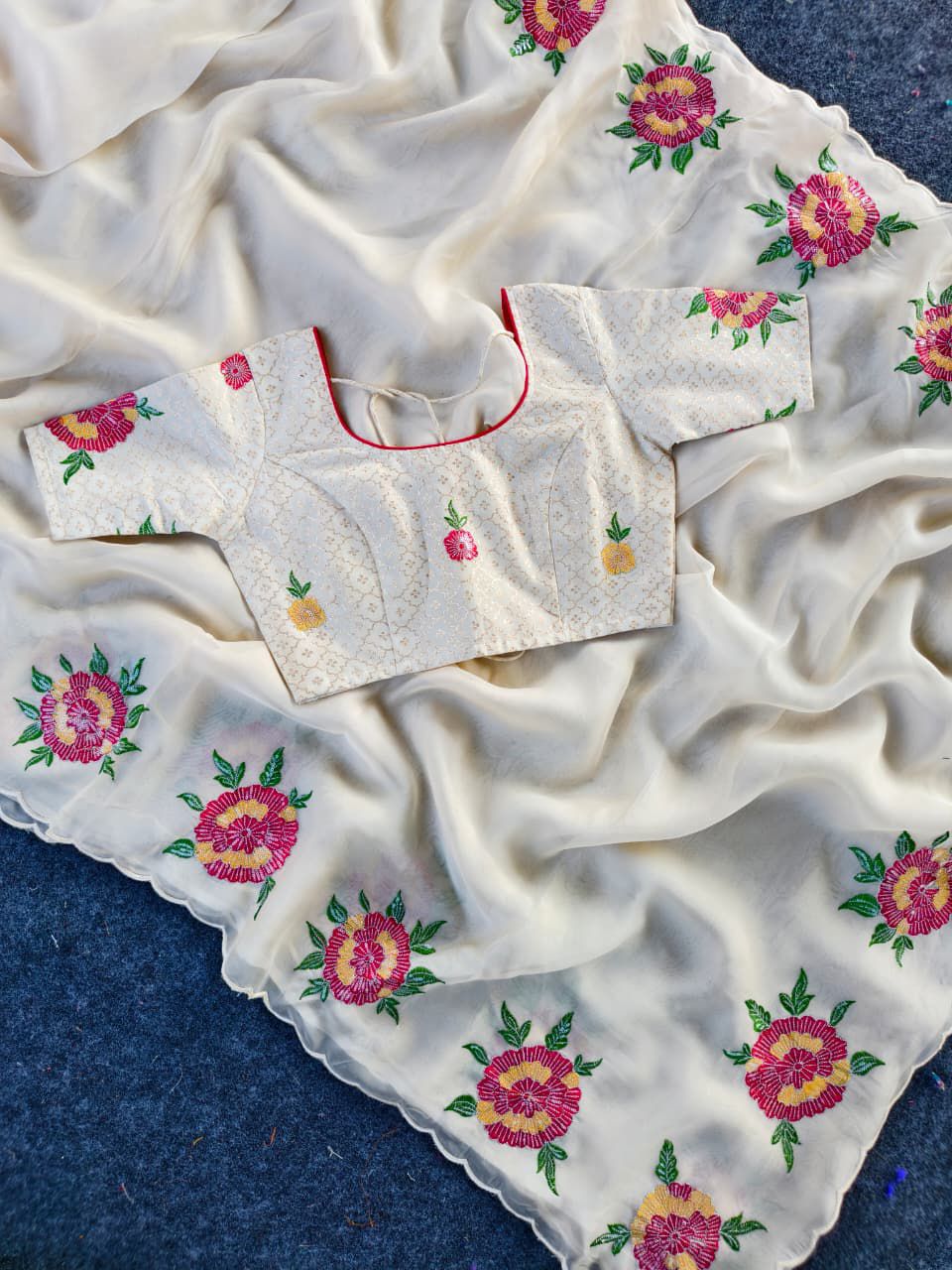Appealing Off White Embroidery Work Organza Silk Saree With Elision Blouse Piece