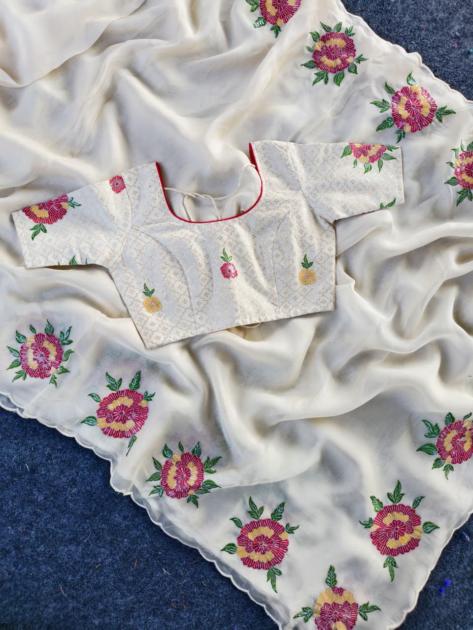 Appealing Off White Embroidery Work Organza Silk Saree With Elision Blouse Piece