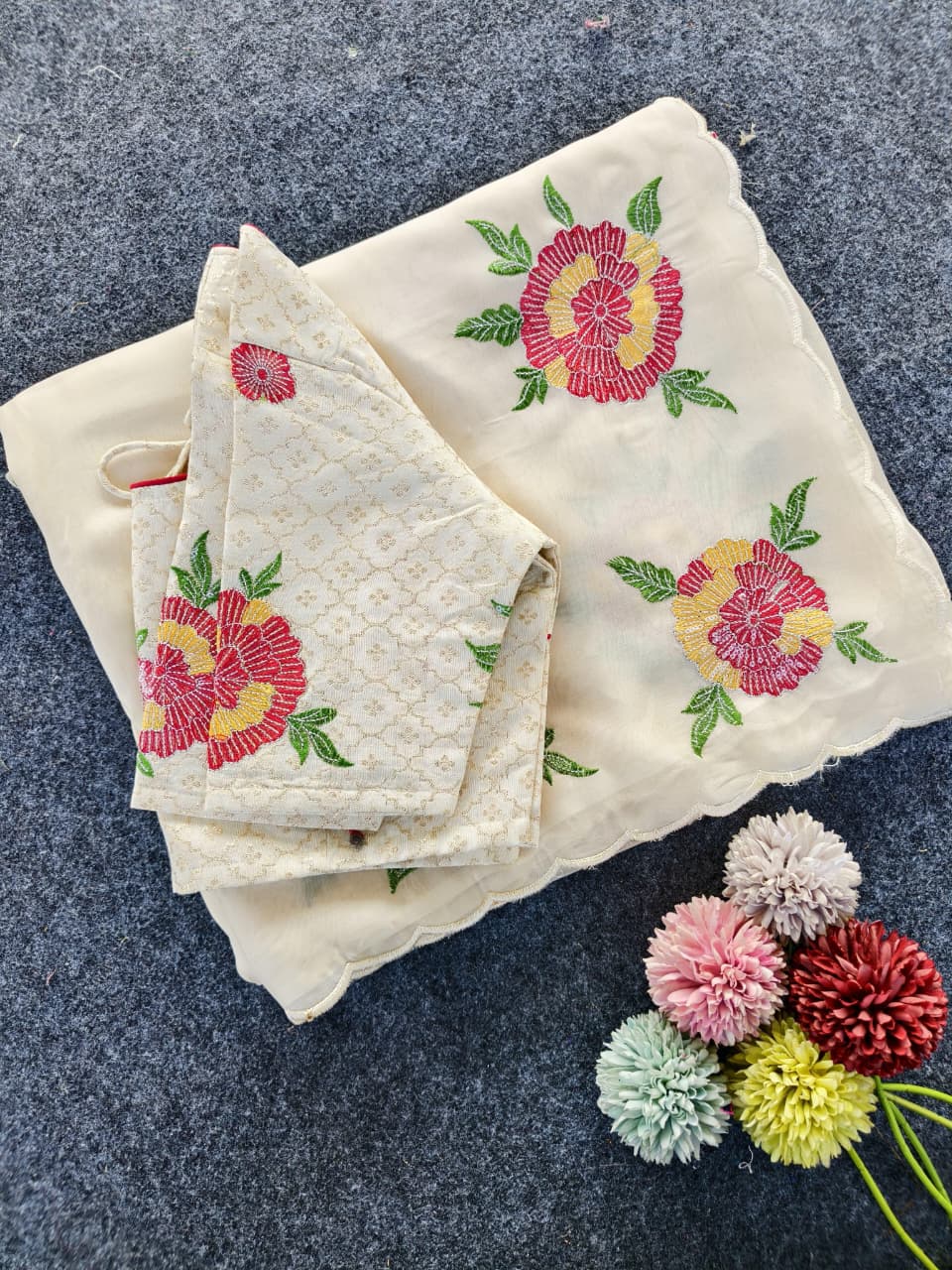 Appealing Off White Embroidery Work Organza Silk Saree With Elision Blouse Piece