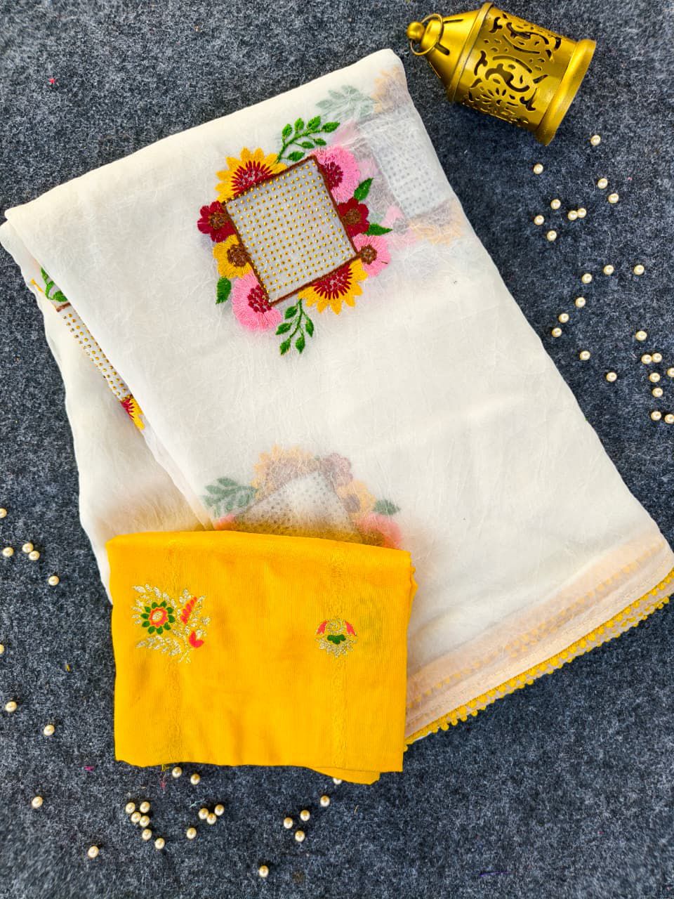 Impressive Off White Embroidery Work Crush Silk Saree With Desirable Blouse Piece
