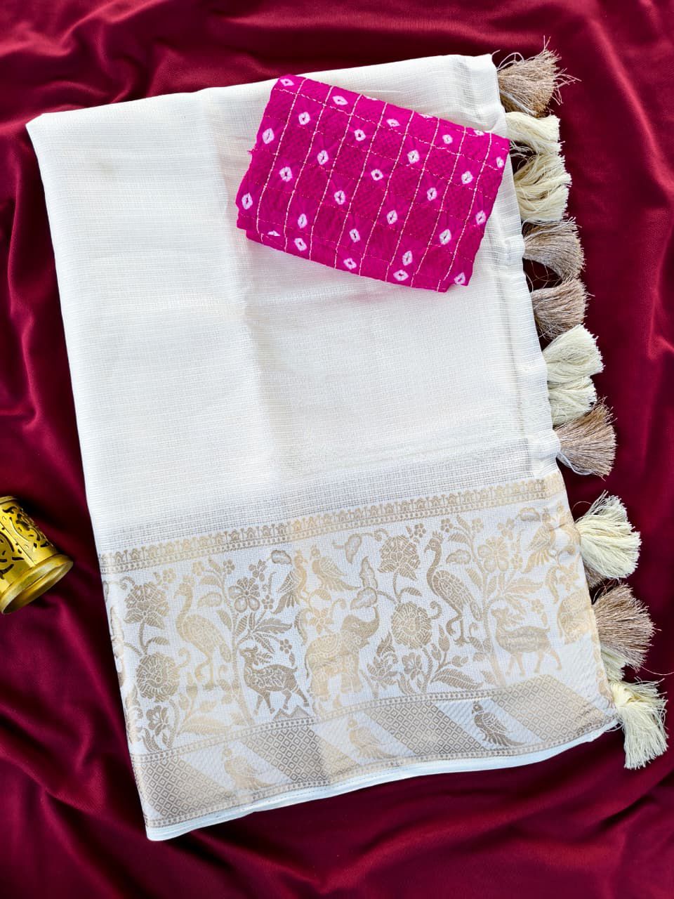 Preferable Off White Embroidery Work Kota Doriya Silk Saree With Dalliance Blouse Piece