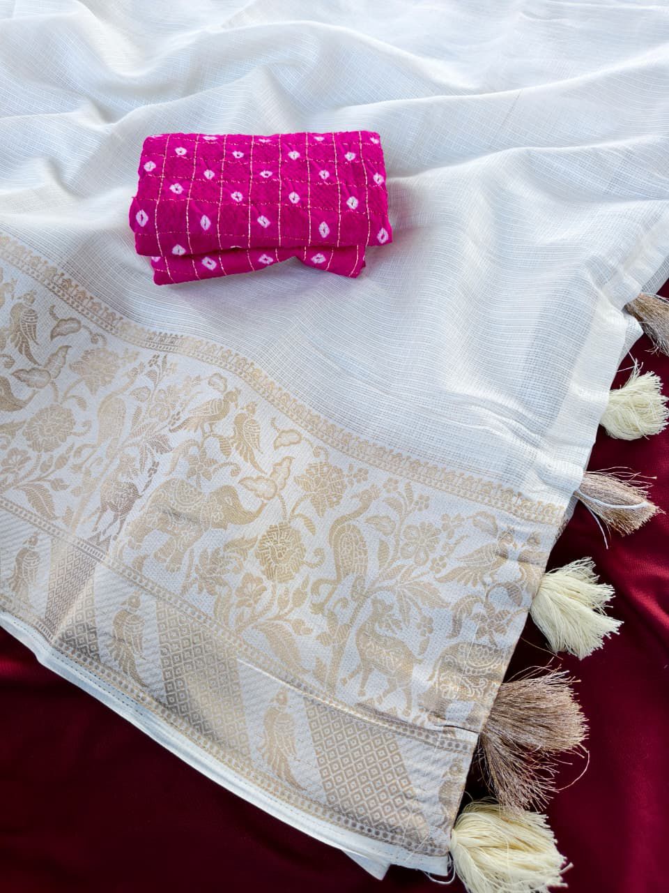 Preferable Off White Embroidery Work Kota Doriya Silk Saree With Dalliance Blouse Piece