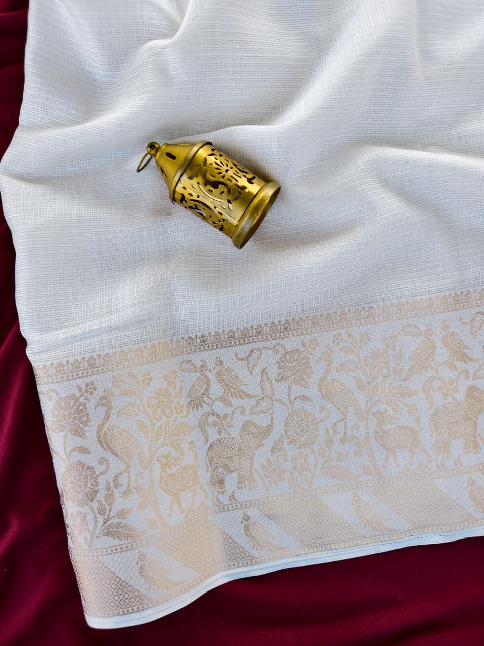 Sempiternal Off White Embroidery Work Kota Doriya Silk Saree With Girlish Blouse Piece