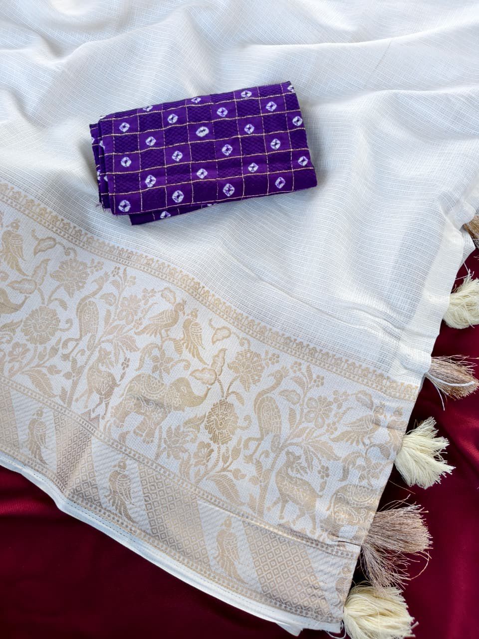 Sempiternal Off White Embroidery Work Kota Doriya Silk Saree With Girlish Blouse Piece