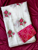 Sumptuous Off White Embroidery Work Crush Silk Saree With Intricate Blouse Piece