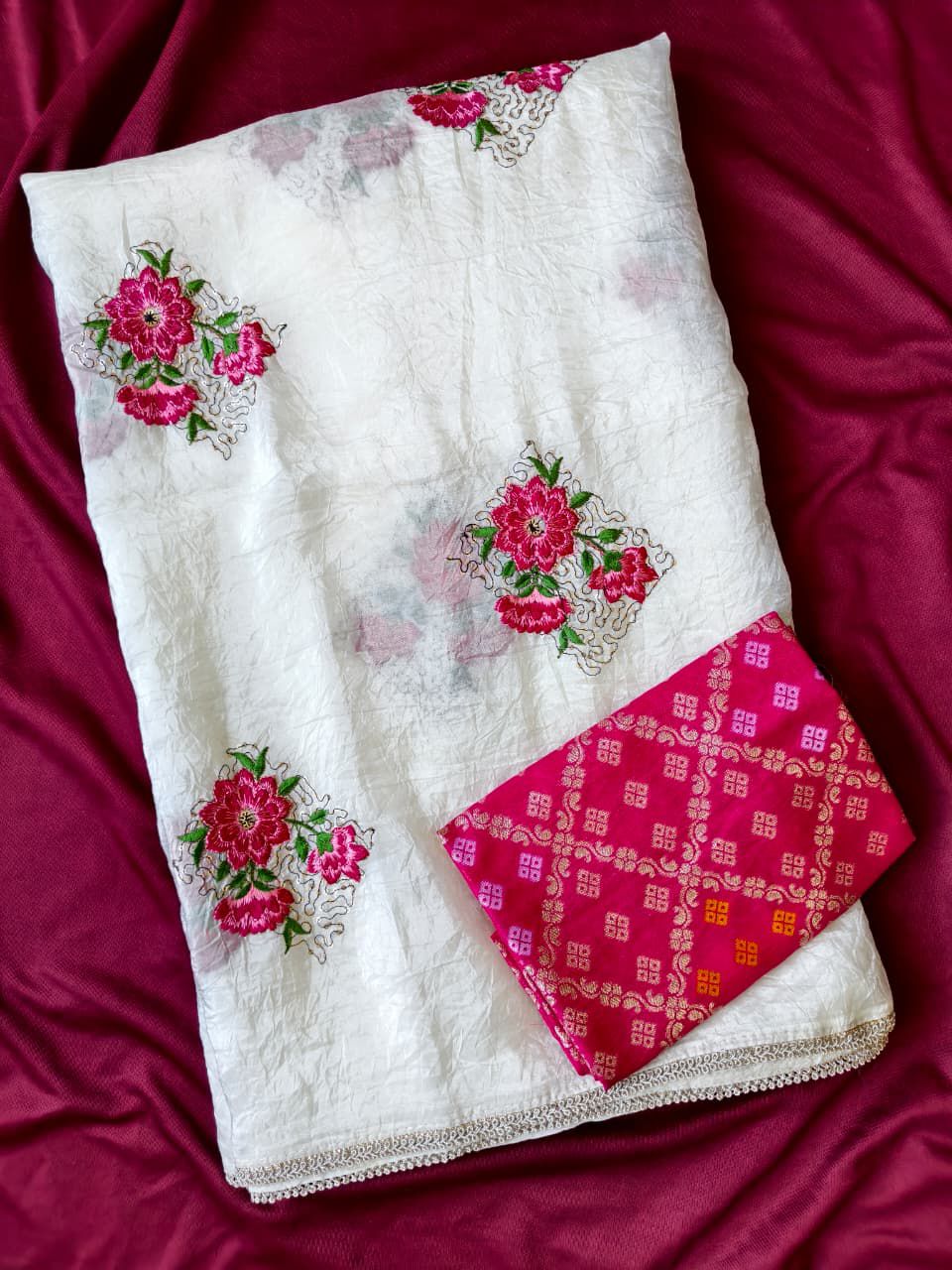 Sumptuous Off White Embroidery Work Crush Silk Saree With Intricate Blouse Piece