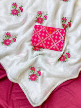 Sumptuous Off White Embroidery Work Crush Silk Saree With Intricate Blouse Piece