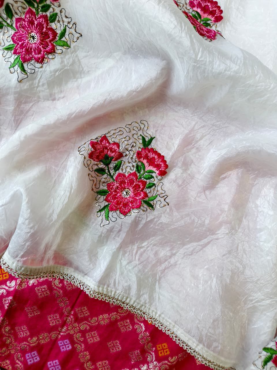 Sumptuous Off White Embroidery Work Crush Silk Saree With Intricate Blouse Piece