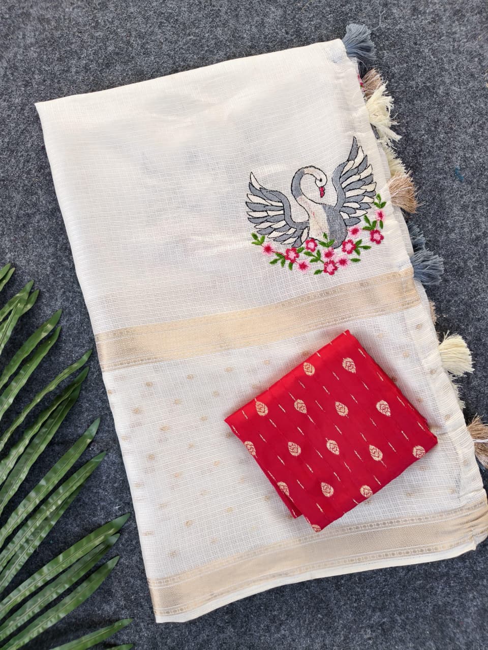 Ethnic Off White Embroidery Work Kota Doriya Silk Saree With Deserving Blouse Piece