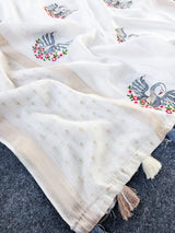 Ethnic Off White Embroidery Work Kota Doriya Silk Saree With Deserving Blouse Piece