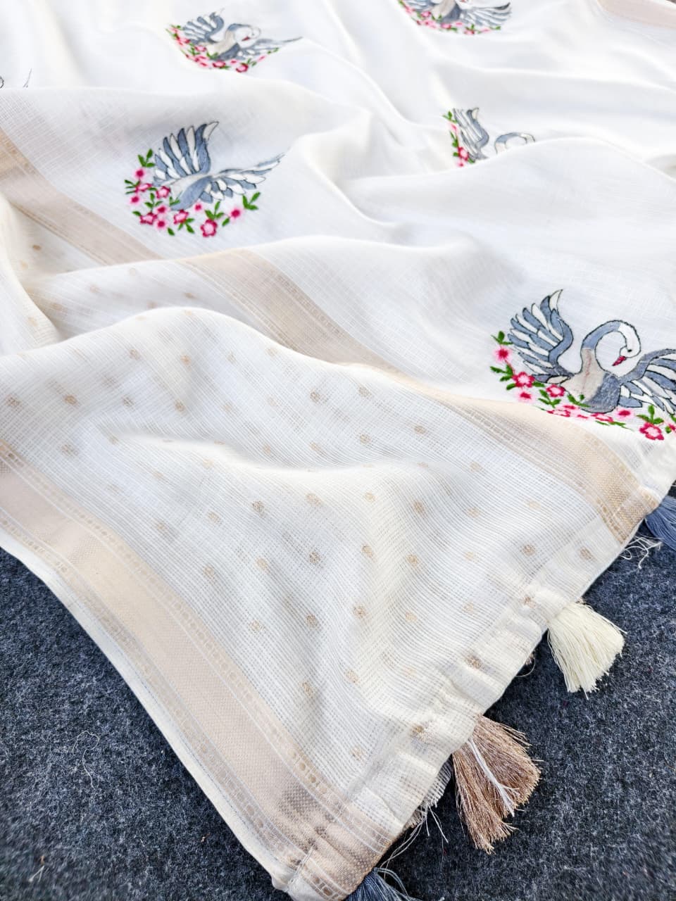 Ethnic Off White Embroidery Work Kota Doriya Silk Saree With Deserving Blouse Piece