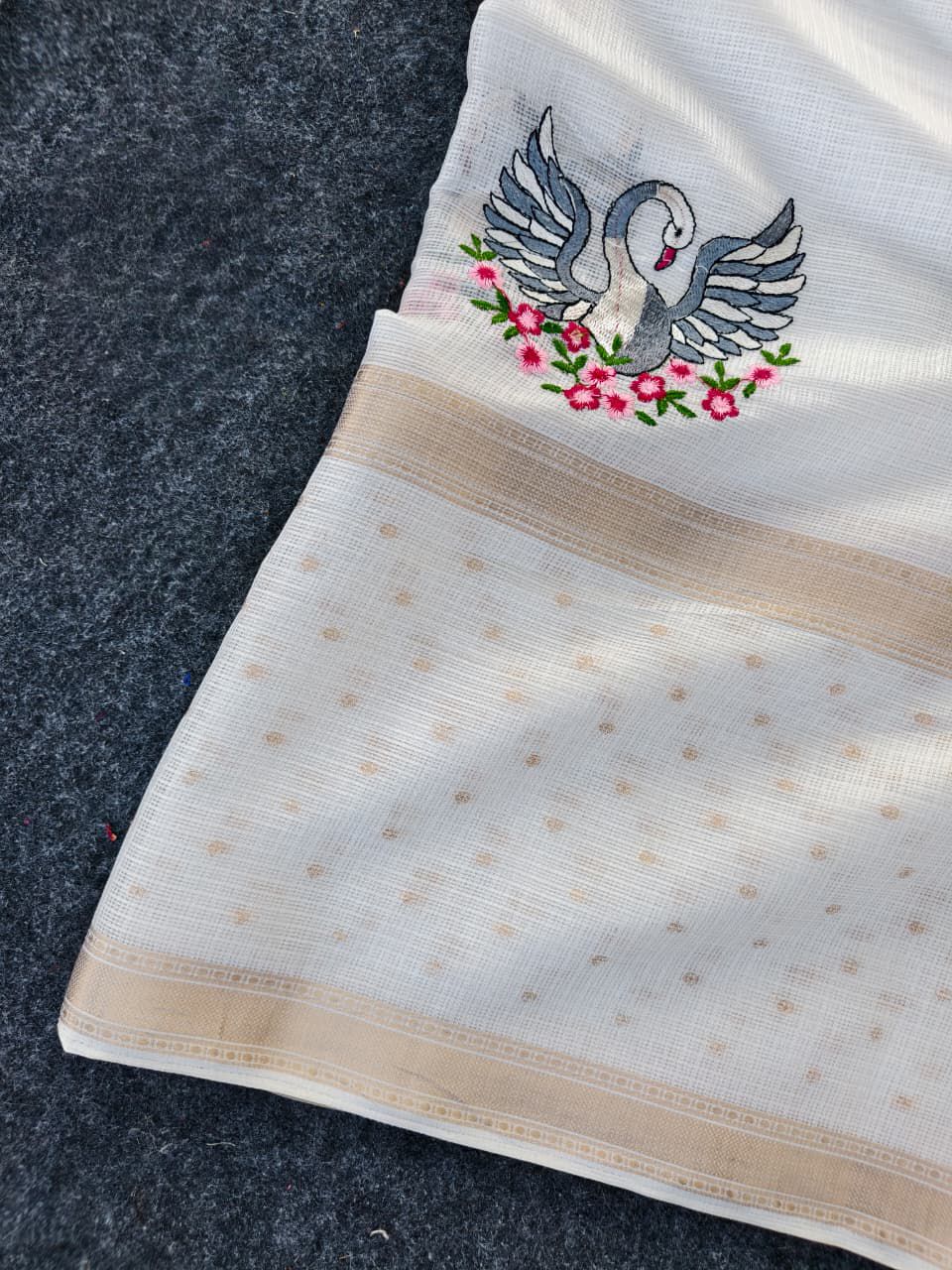 Ethnic Off White Embroidery Work Kota Doriya Silk Saree With Deserving Blouse Piece