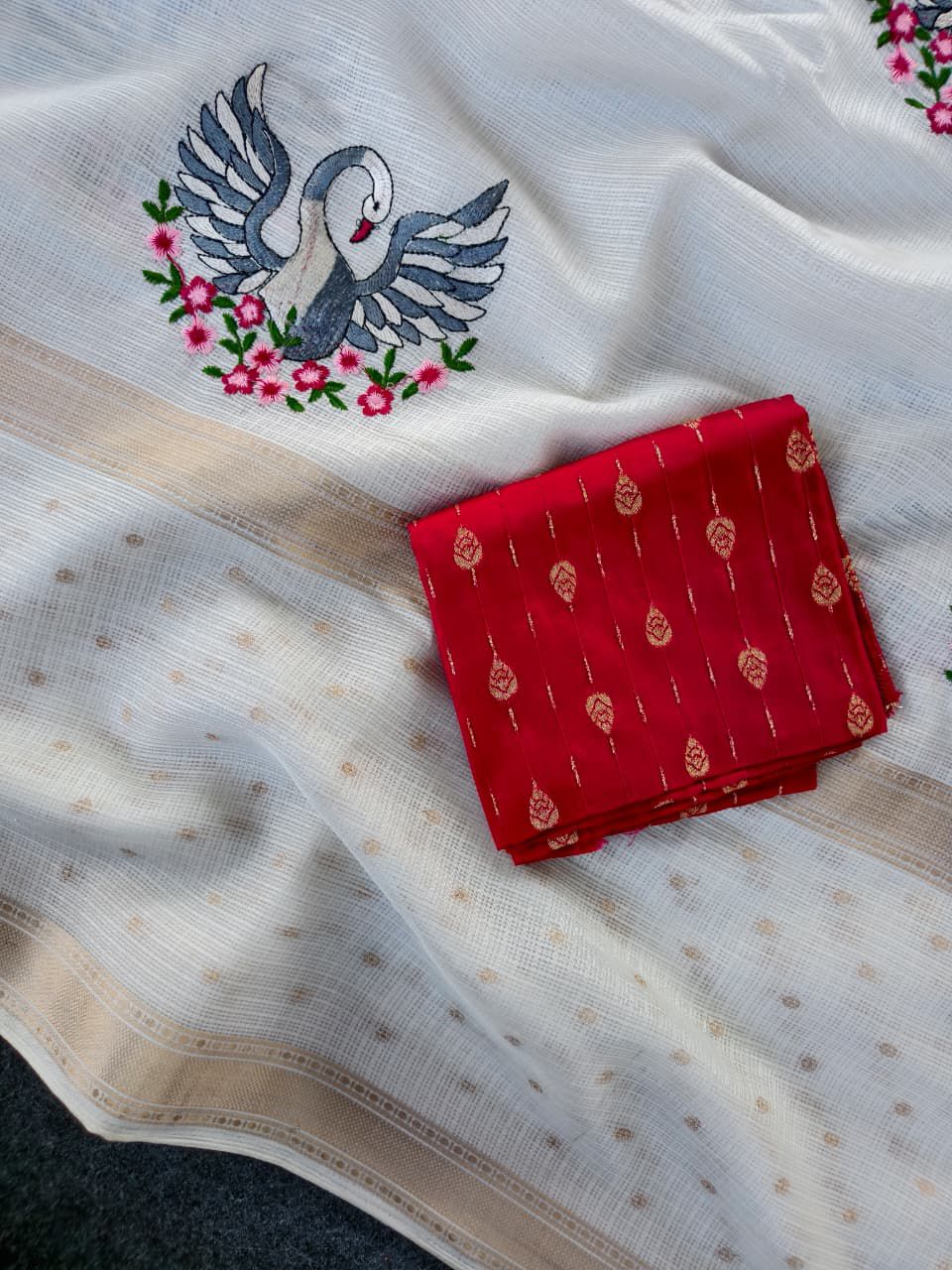 Ethnic Off White Embroidery Work Kota Doriya Silk Saree With Deserving Blouse Piece