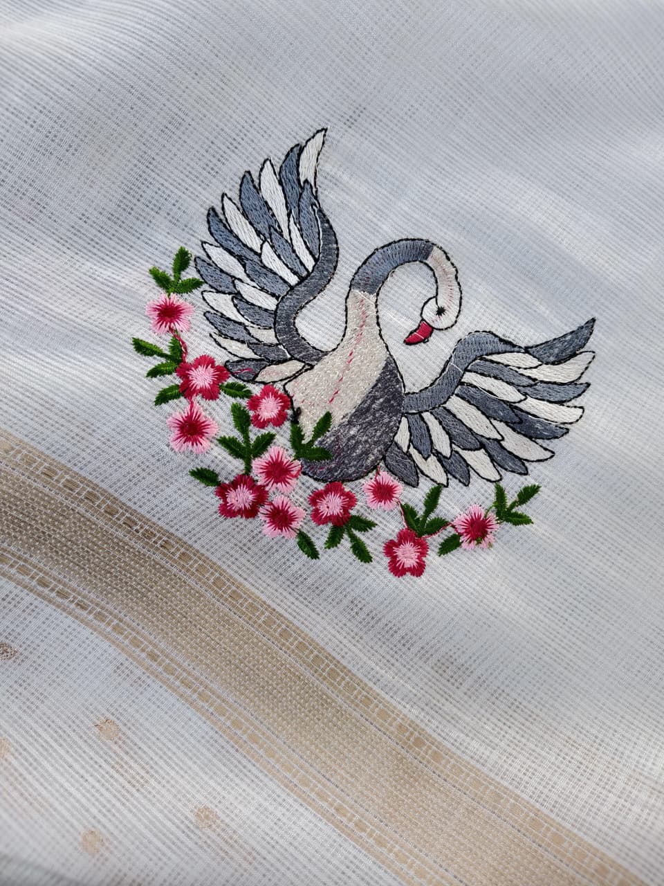 Ethnic Off White Embroidery Work Kota Doriya Silk Saree With Deserving Blouse Piece